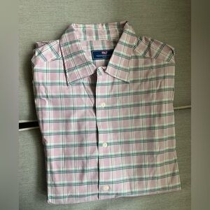 Vineyard Vines Men's Pink and Green Plaid Button-Down Shirt